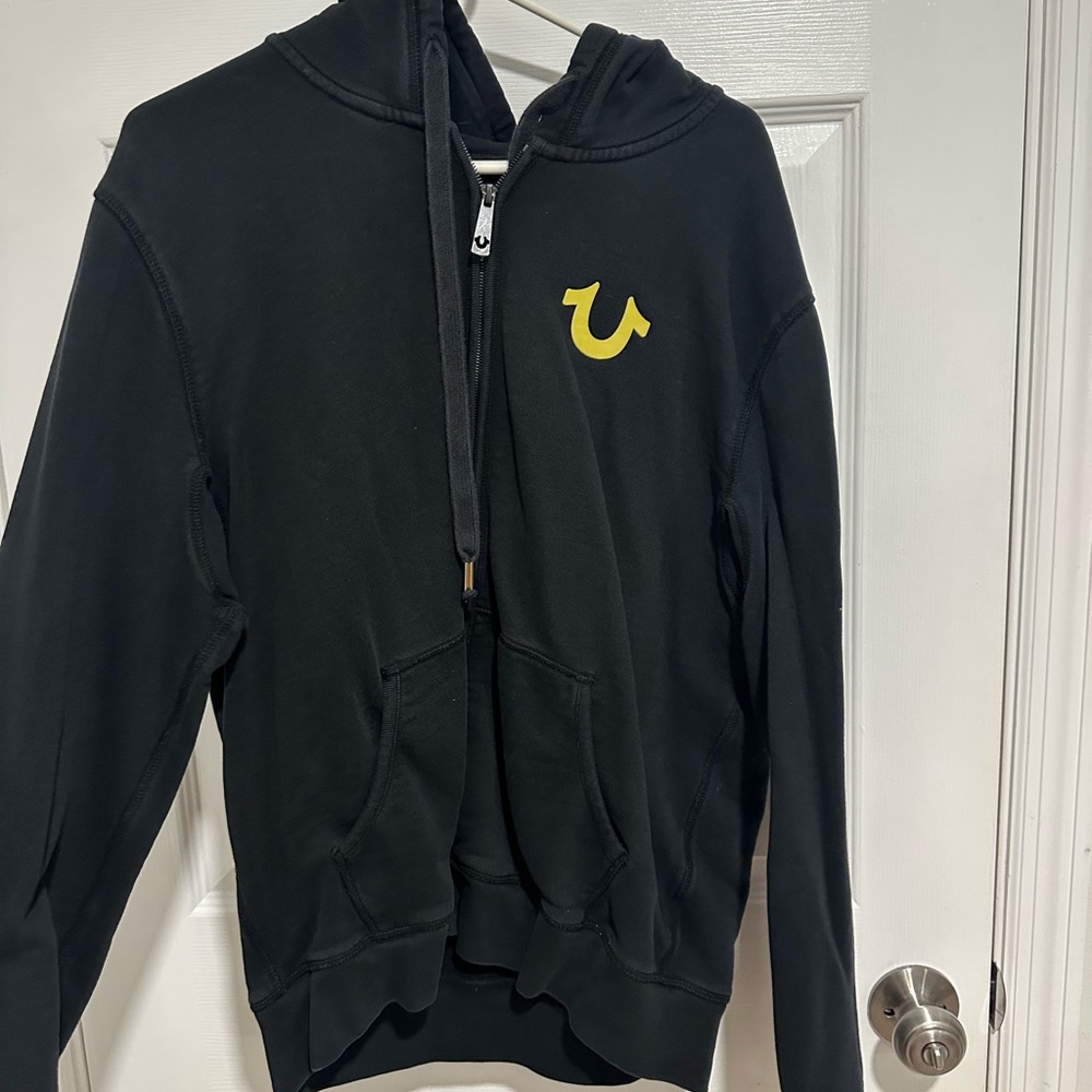 Black Hooded Zip-Up Jacket with Yellow Logo